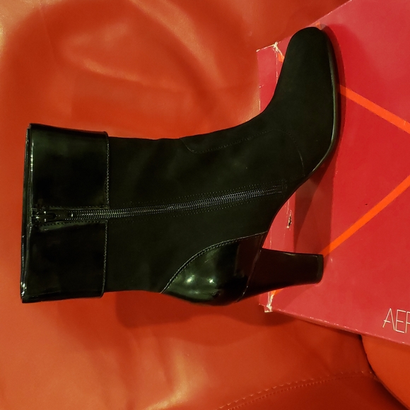 Aerosoles NEW Suede Leather Comfort Heel Boots Booties Patent Contrast BLACK 10M - Picture 9 of 16